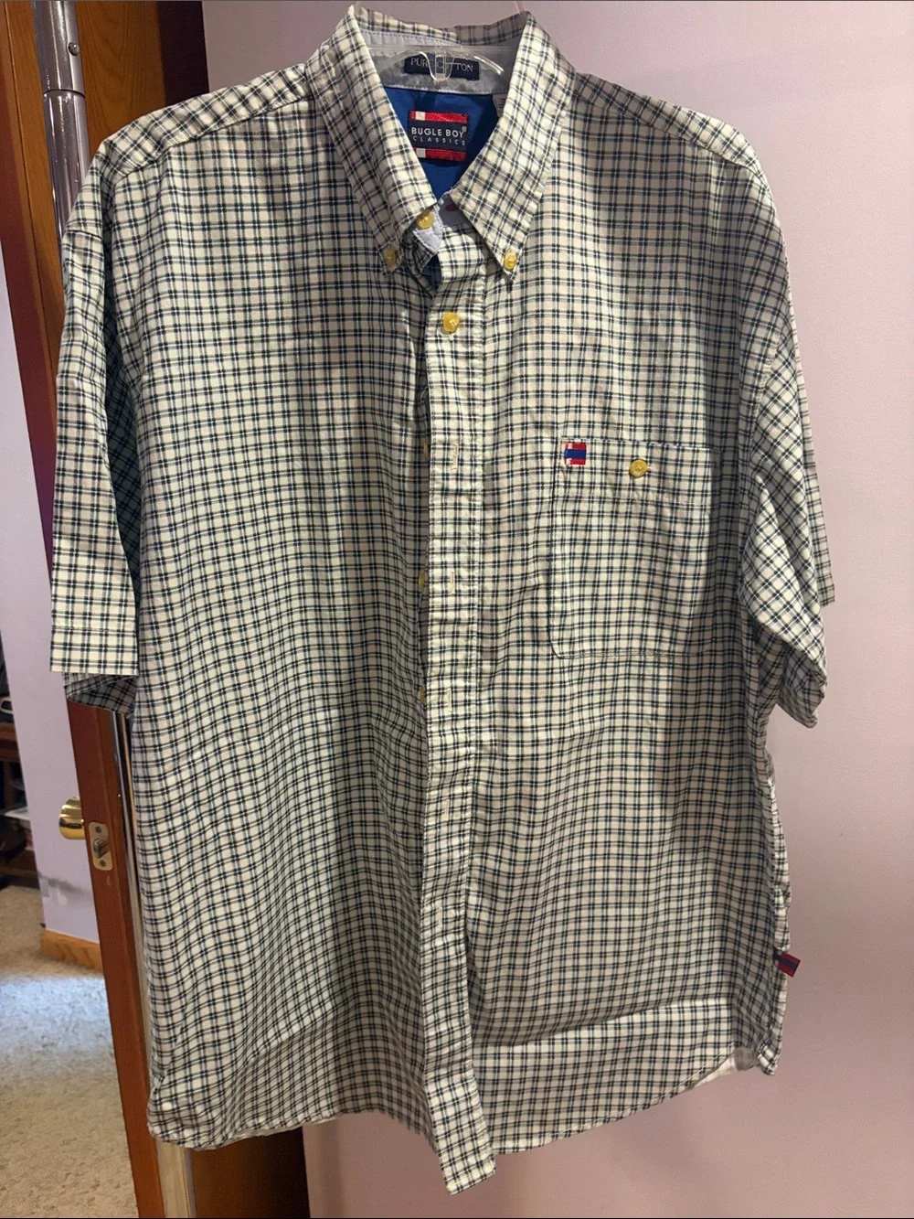 Vintage Bugle Boy White and Green Plaid Short-Sleeve Button-Down Shirt